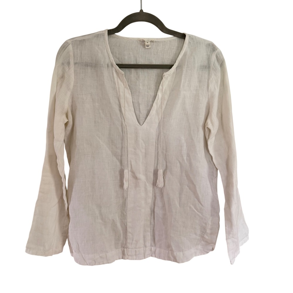 Soft Joie White 100% Linen V-Neck Tassel Tie Tunic Blouse Small Coastal‎ Beach